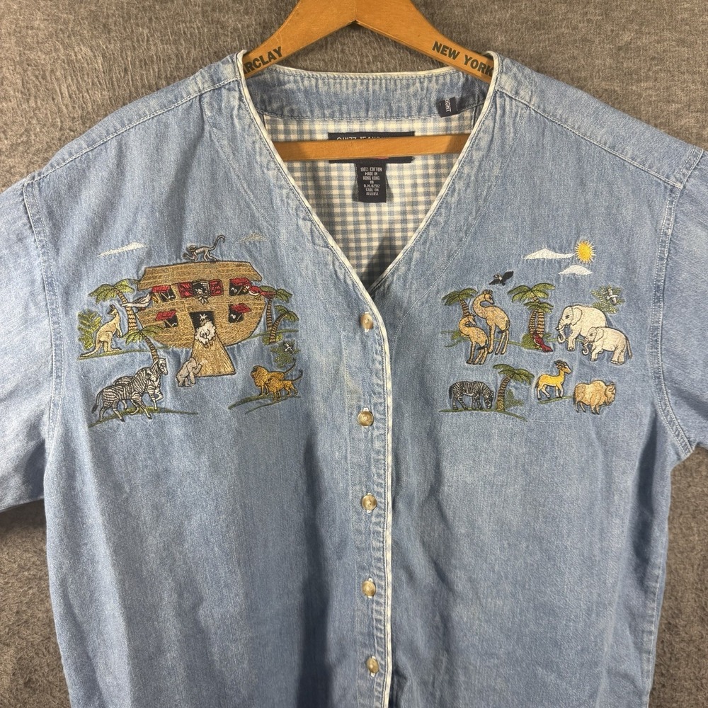 Vintage 90s Quizz Jeans Noah's Ark  Embroidery Denim Shirt Women's Button Up XL
